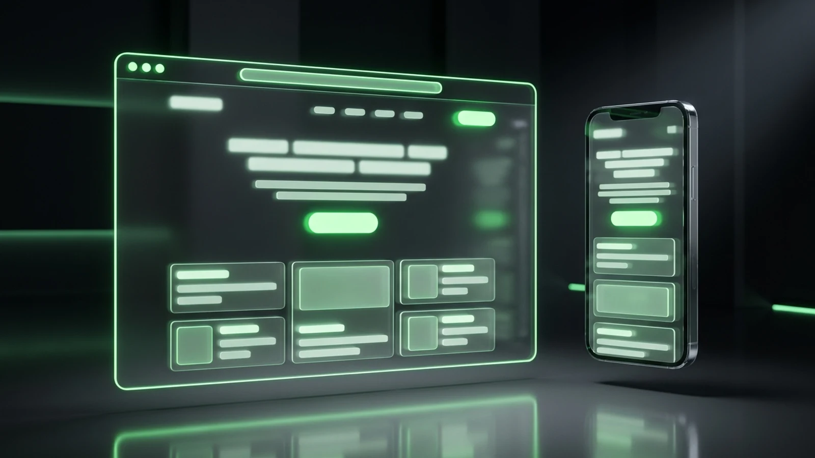 Landing page en desktop y movil con estilo neon verde