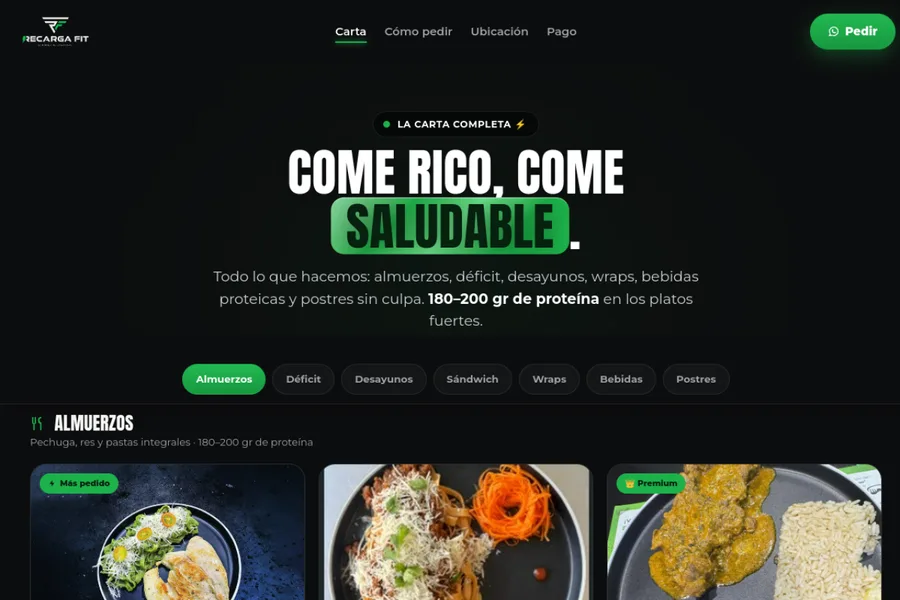 Landing de Recarga Fit: Carta de productos