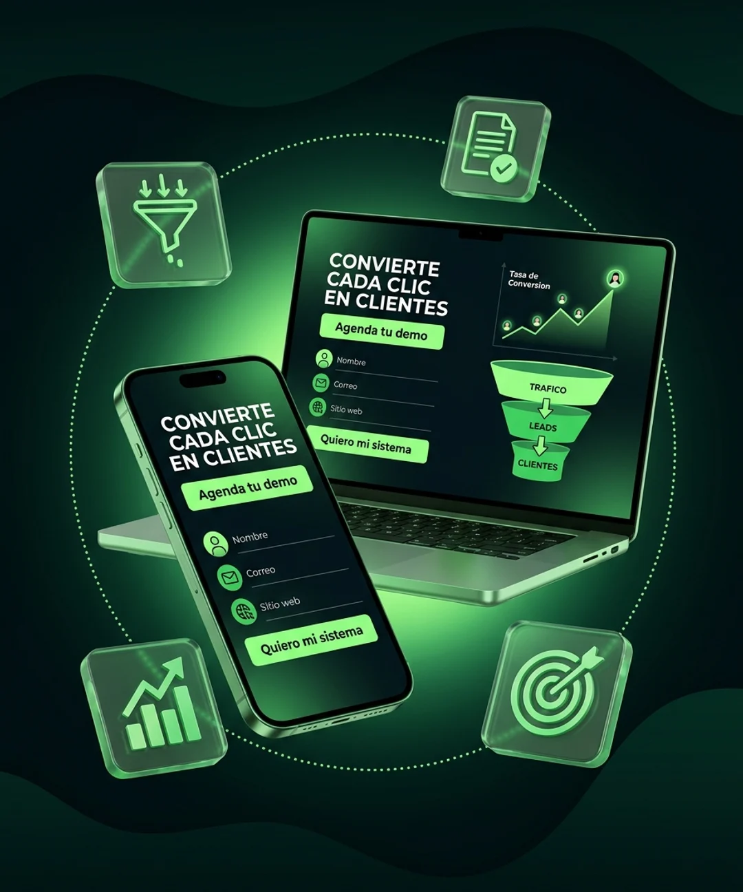 Sistema de conversión: dashboard con crecimiento y embudo de captación